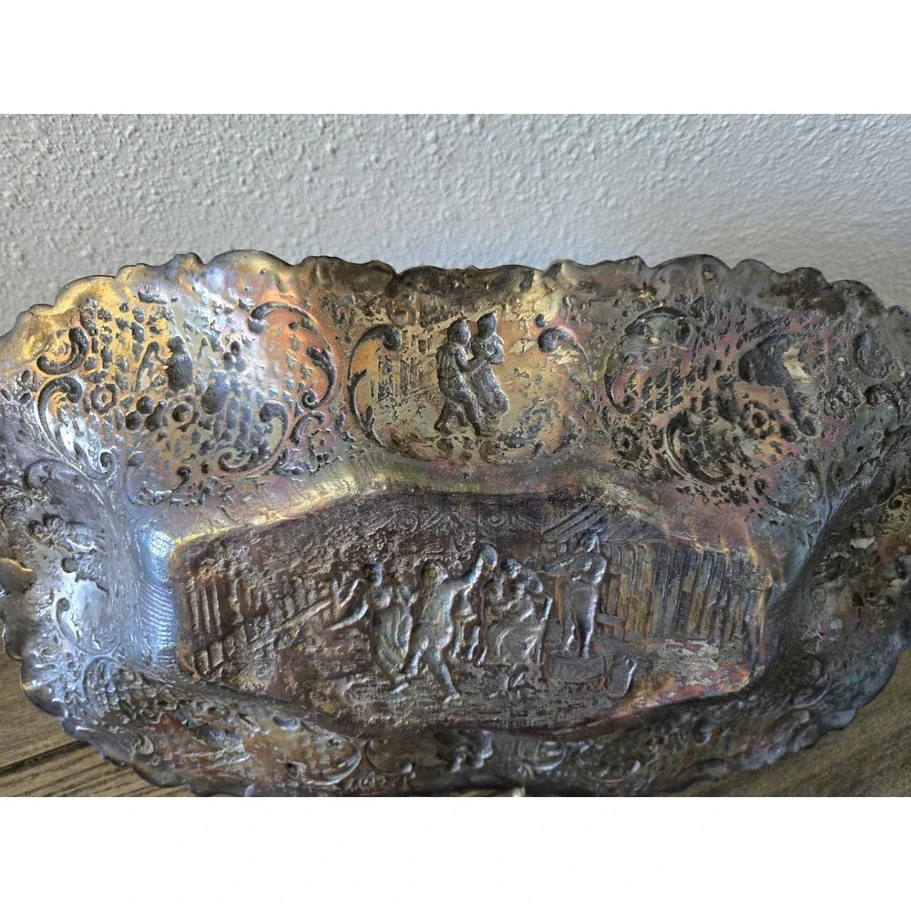 Antique Silver on Copper Dutch Revival Repousse People Tavern Courtyard Bowl